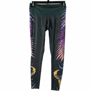 Teeki Womens Small Yoga Leggings High Waist Palm Leaf Celestial Bird Print